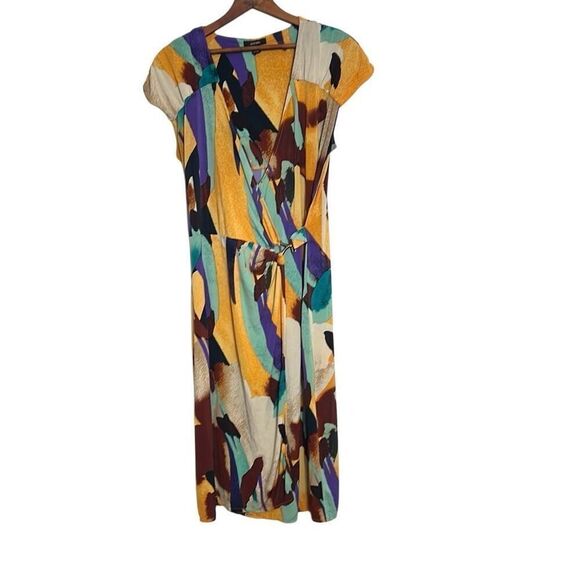 Alfani Cap Sleeve Stretch Surplice Neck Midi Wrap Dress Multicolor Medium - Picture 1 of 7